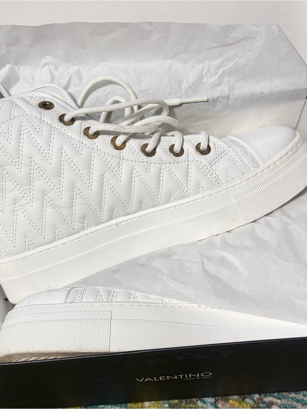 Valentino White Quilted High-Top Sneakers with Gold Eyelets